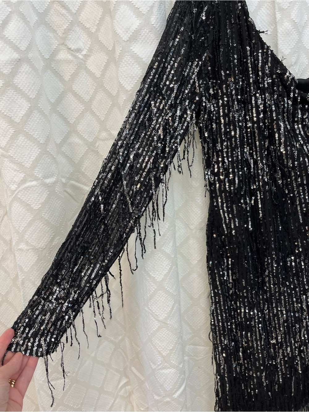Fashion Nova Black Sequin One-Shoulder Mini Dress with Fringe - Picture 2 of 4